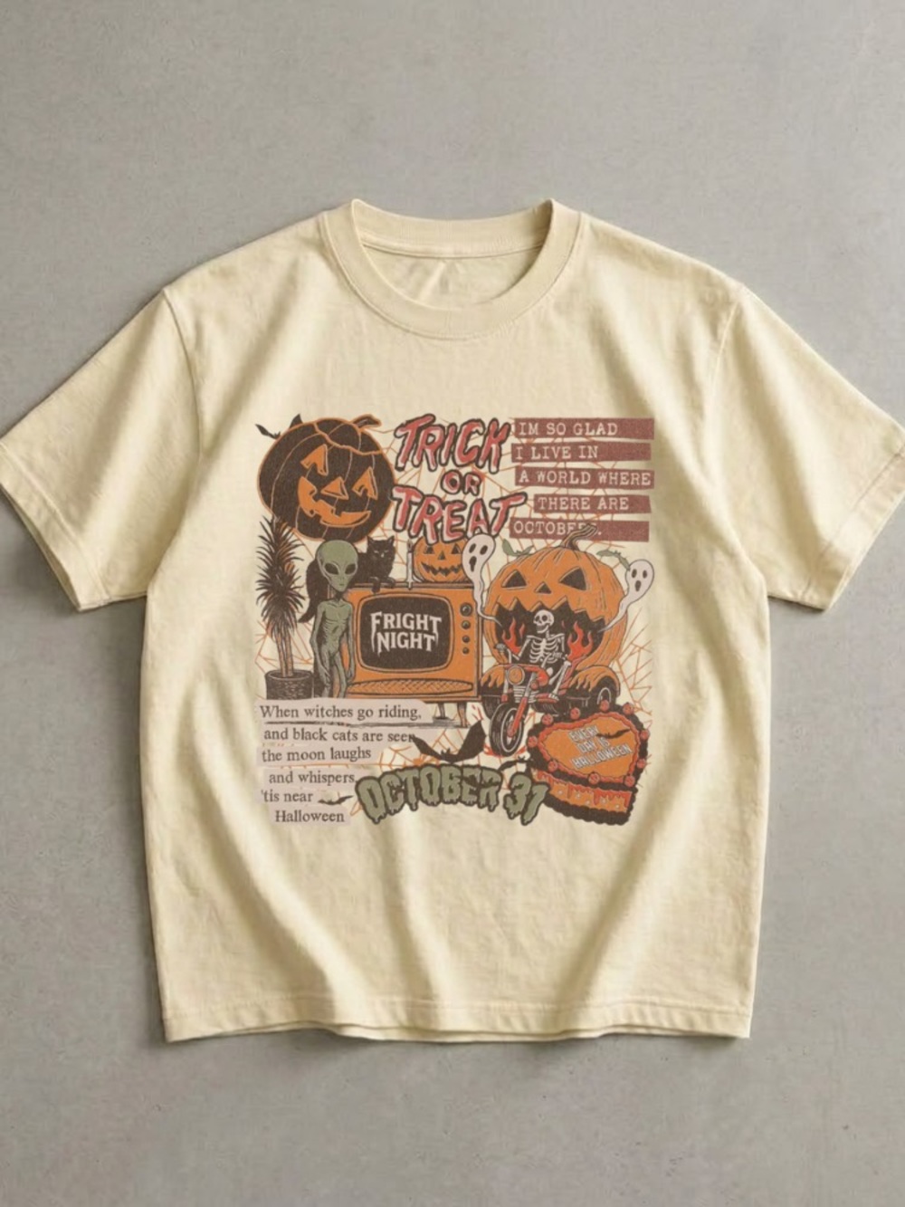 Retro Halloween Trick or Treat Spooky Ghost Collage Tee - Offwhite